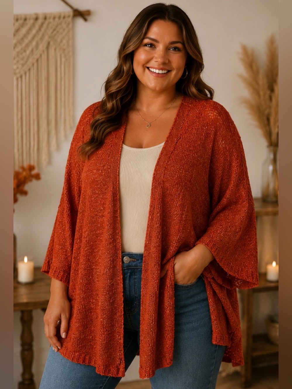 DEX Plus Rust Crochet-Back Open Cardigan – Oversized Cozy 🧶 knit